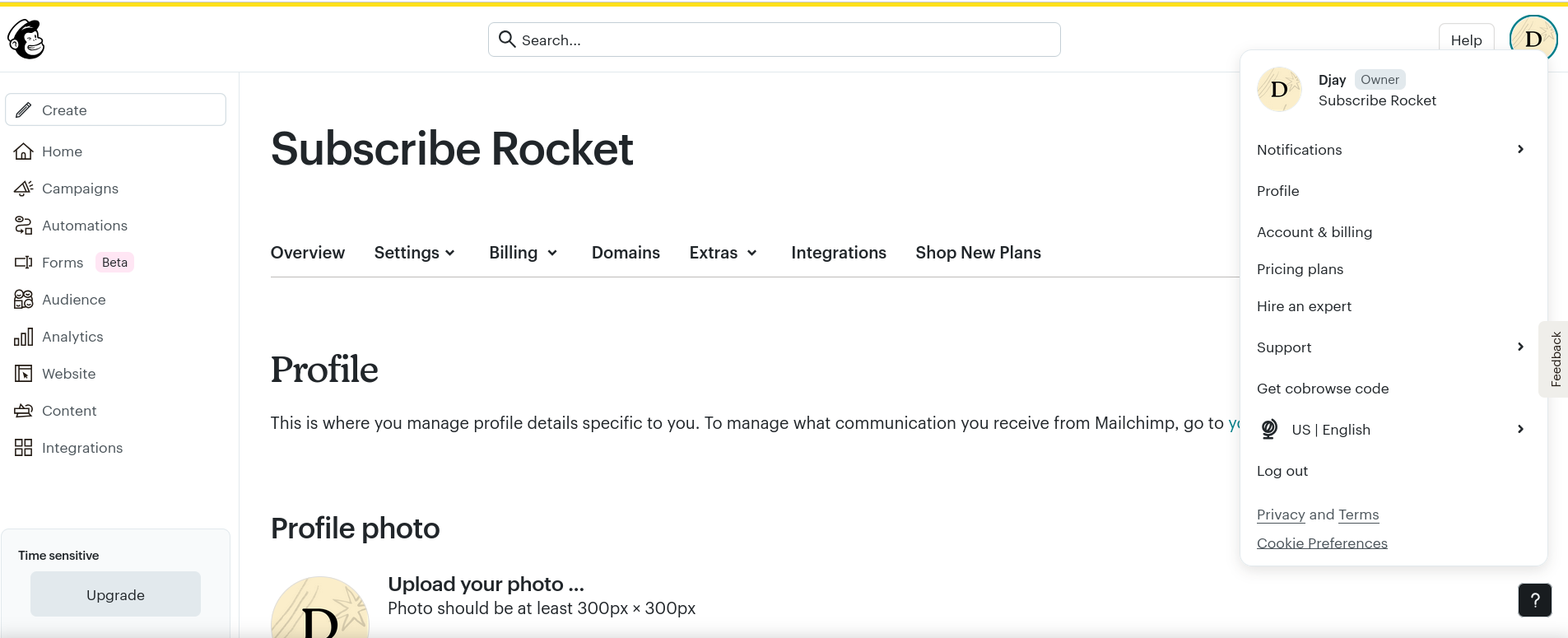 Mailchimp profile dashboard with the Extras menu open