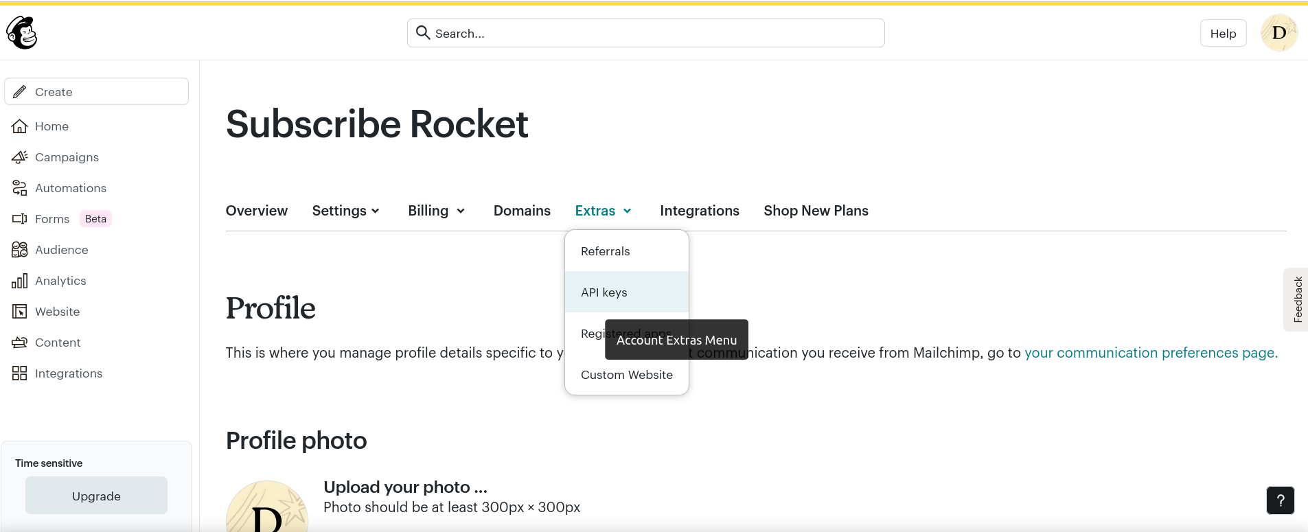 Mailchimp Extras menu with the API keys option highlighted