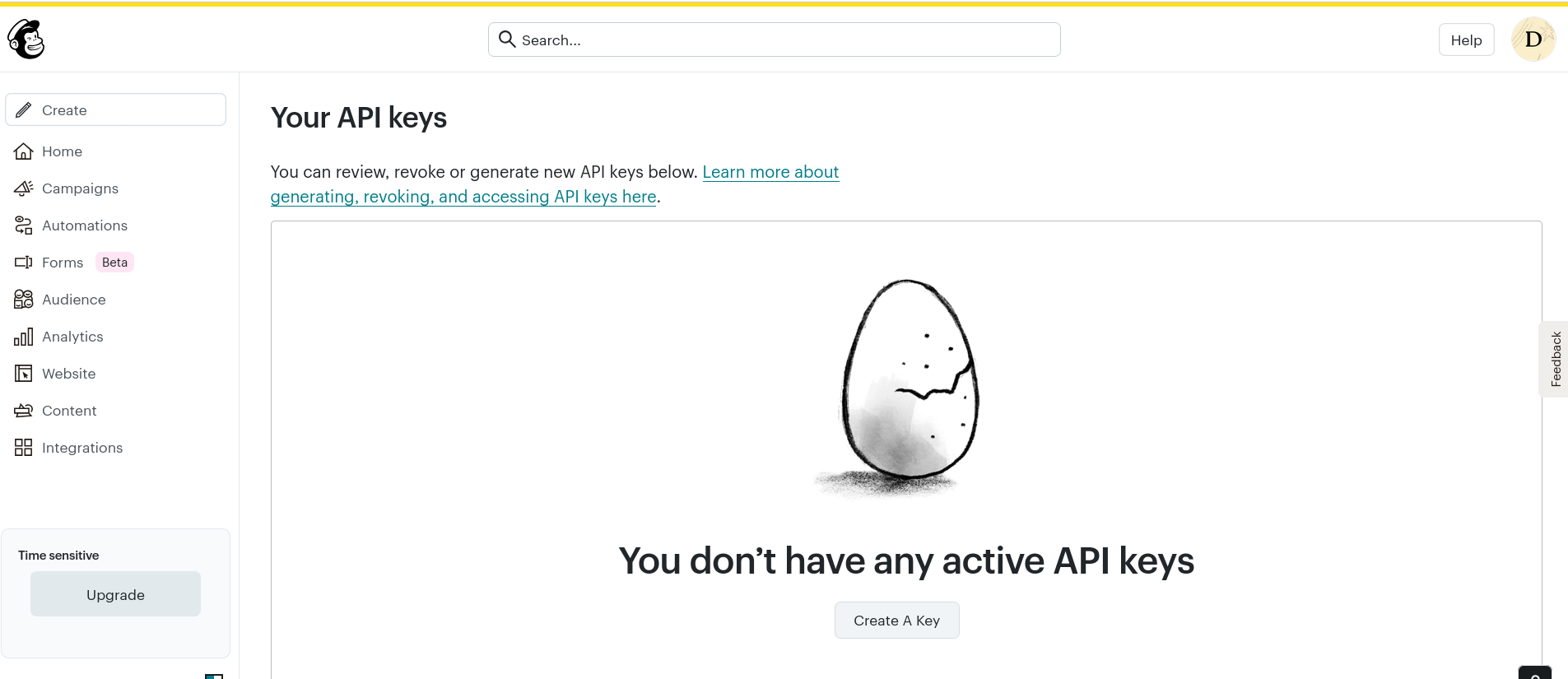 Mailchimp API keys view before creating a new key