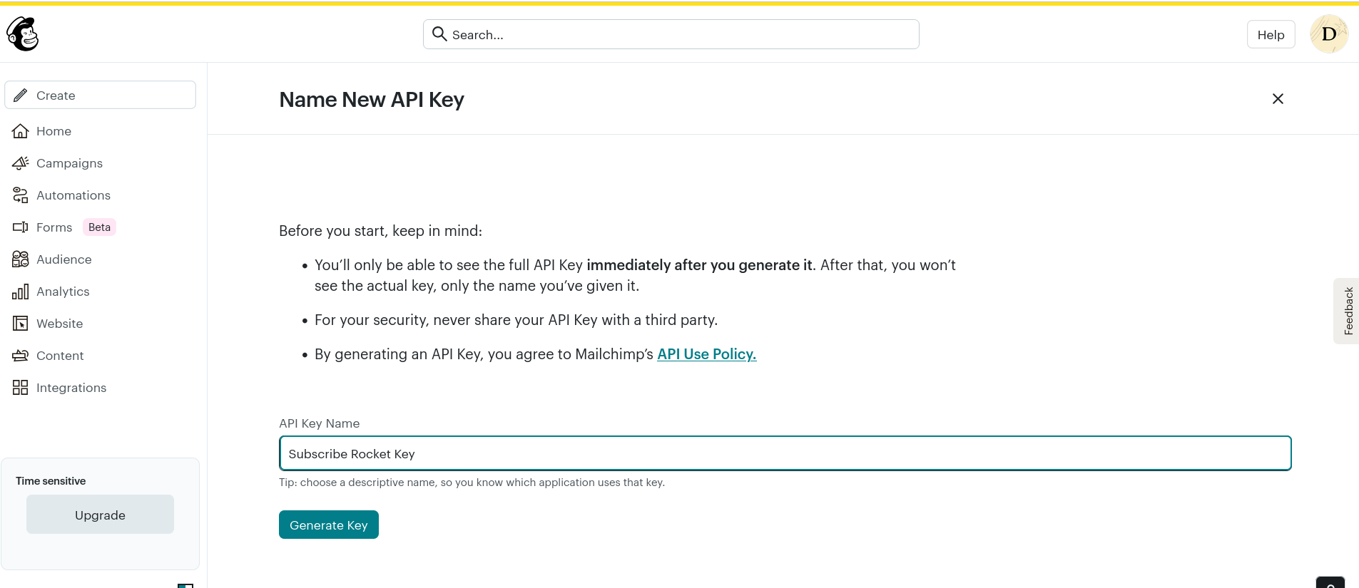 Newly generated Mailchimp API key