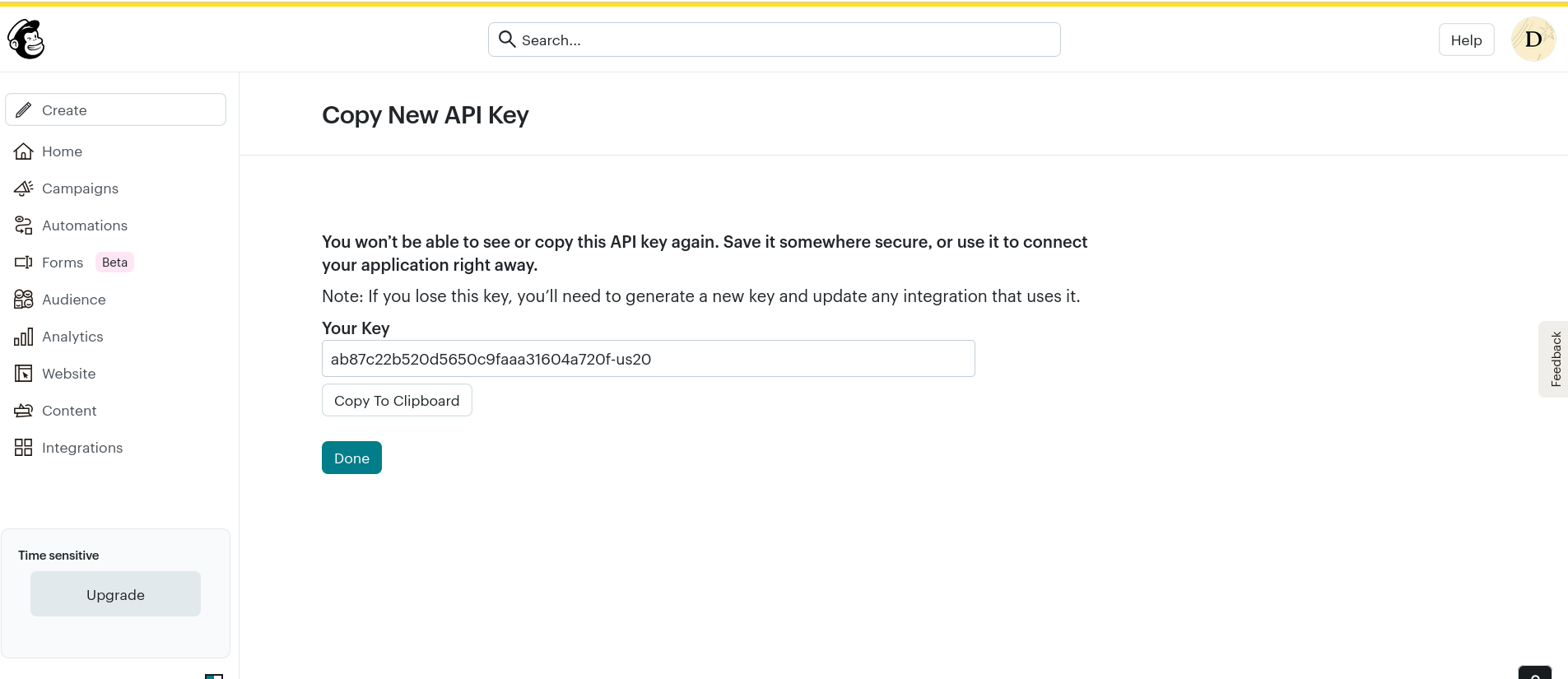 Copying the Mailchimp API key