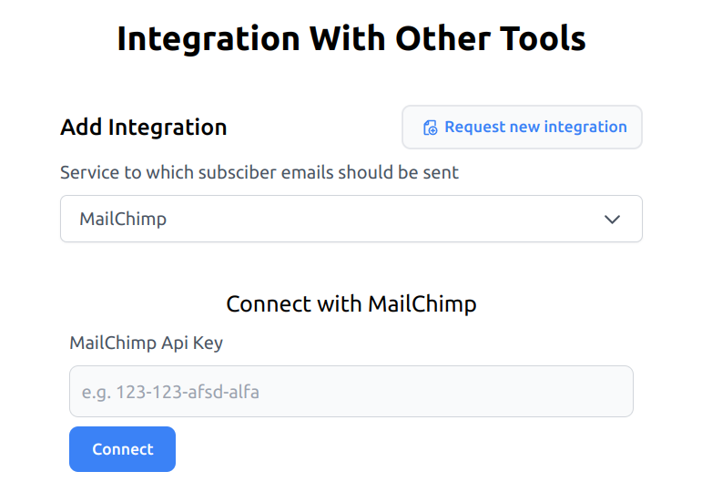Entering the Mailchimp API key in the Subscribe Rocket integrations tab