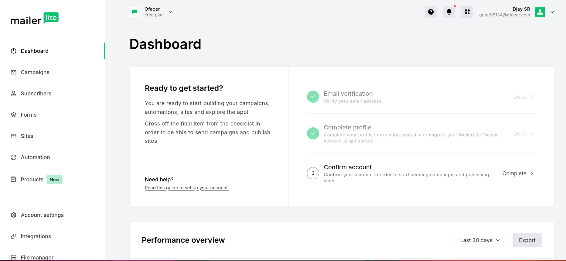 MailerLite dashboard