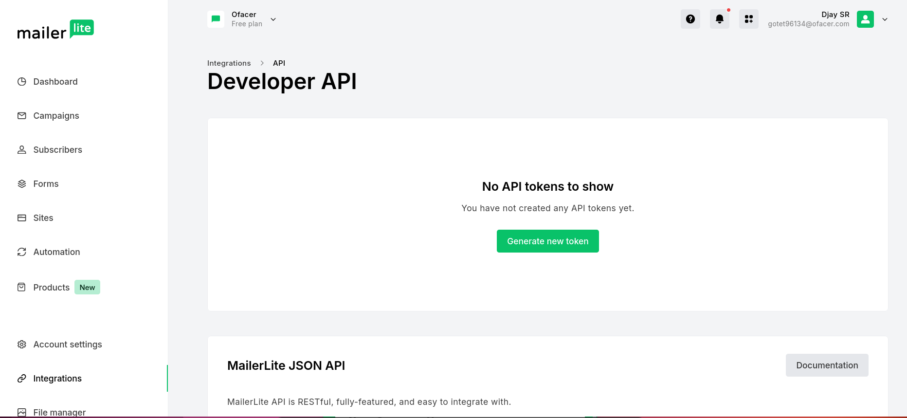 MailerLite API view before creating a new token