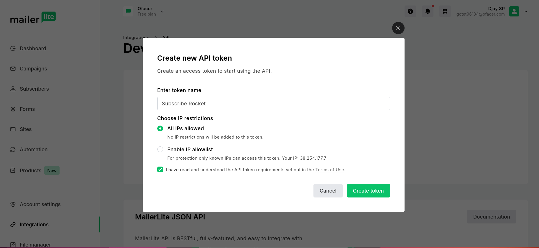 Creating a new MailerLite API token