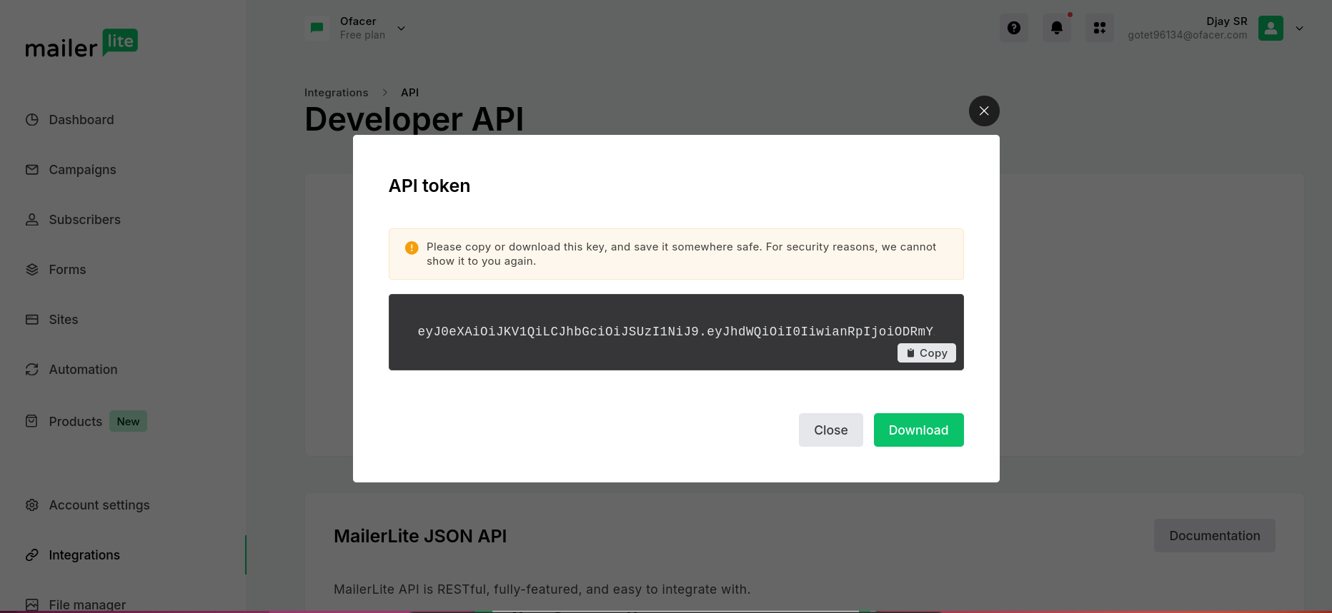 Copying the MailerLite API token